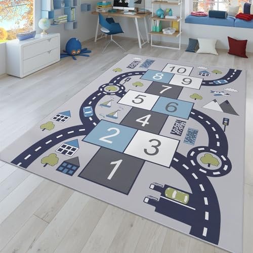 TT Home Kinder-Teppich, Spiel-Teppich Für Kinderzimmer, Hüpfkästchen und Straßen, Grau, Größe:140x200 cm