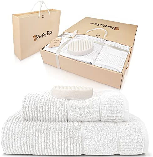 Pufy Tex® Premium Saunahandtuch Geschenk Set 100% Bio-Baumwolle 1x [50x90cm] 1x [70x140cm] XXL-Handtuch flauschig und groß für jeden Einsatzbereich für Damen & Herren inkl. Schwammseife