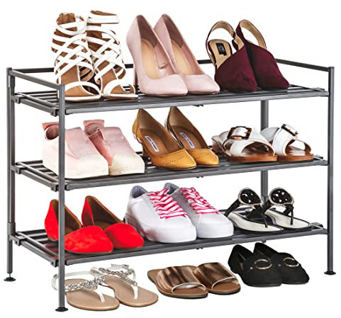 Seville Classics Sturdy Freestanding Storage Shelf for Bedroom, Closet, Entryway, Dorm Room Organizer, Stackable Durable Metal Shoe Rack, Ash Gray Slat, 3-Tier