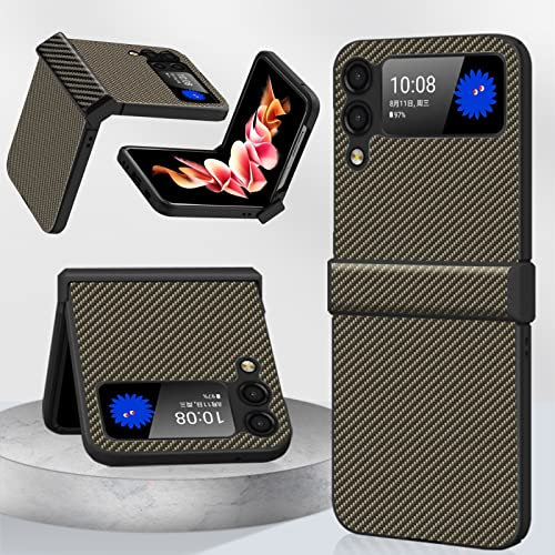 Miimall Case Compatible with Samsung Galaxy Z Flip 3 5G, Hinge Protection Ultra-Thin Fiber Texture PU Leather+Hard PC Shell Fingerprint-Proof Shockproof Protective Cover for Galaxy Z Flip 3-Gold