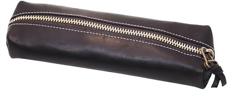 BAWAKO Federmäppchen aus hochwertigem Leder - Handgefertigtes Etui mit Reißverschluss - Federtasche für Erwachsene und Studenten, Kosmetiktasche,Schminktasche (Schwarz, H5)