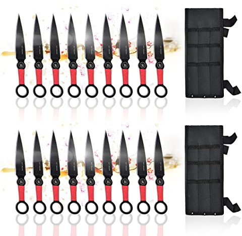 Swords and more Edelstahl-Kunai, 18er-Set mit Scheide, rutschfester Griff, japanische Wurfmesser, Stahl, Zubehör für Anime-Cosplay, Schwarz (18 Wurfmesser)