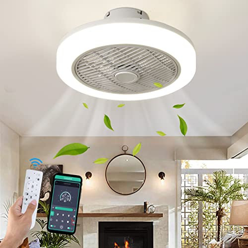 OERIY Ceiling Fans with Lights and Remote, 45CM LED Modern Flush Mount Ceiling Fan with Light, 6 Speed Dimmable Low Profile Ceiling Fan Timming Reversible Bladeless Ceiling Fan Kitchen Bedroom (White)