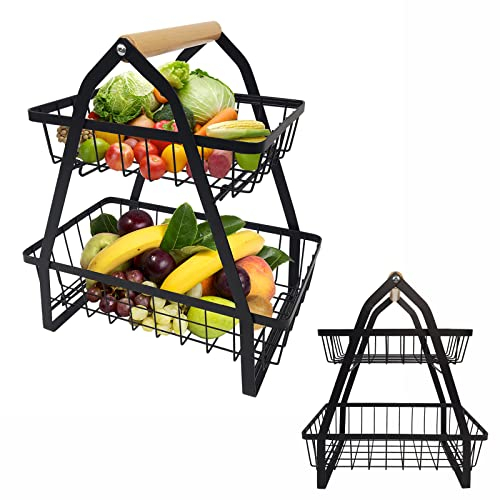 HENGMEI Obst Etagere Obstschale Obstkorb 2 Etagen Obst Schüssel Halter Küche Ablagekorb Tortenständer Brotkorb Gemüsegestell für Küche, Schwarz