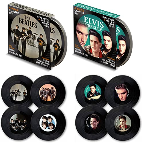 Juego de 8 posavasos de vinilo de The Beatles & Elvis Presley | Bonitos regalos musicales retro para hombres y mujeres | Fantásticos regalos para amantes de la música alojados en una lata de metal
