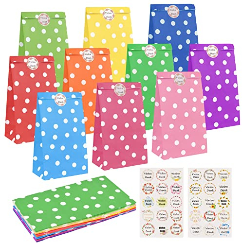 Feeona 20 Stück Bunte Geschenktüten, Papiertüten mit 30 Aufkleber (auf Deutsch) Mitgebsel Tüten Geburtstagstüten. für Kindergeburtstag Tüten,Verpacken Von Geschenken,Hochzeit,Feiern.