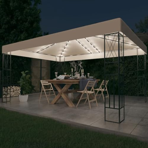 Cenador con Tira de Luces LED, JUNZAI Carpas para Fiestas, Cenadores para Jardin, Gazebo, Pérgola De Jardín, 3x4 m Tela Color Crema