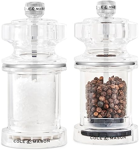 Cole & Mason 675 Salt and Pepper Mill Set, Precision+/Ceramic Mechanisms, Adjustable Salt and Pepper Grinders, Acrylic, 118mm, Cooking/Seasoning, Lifetime Mechanism Guarantee