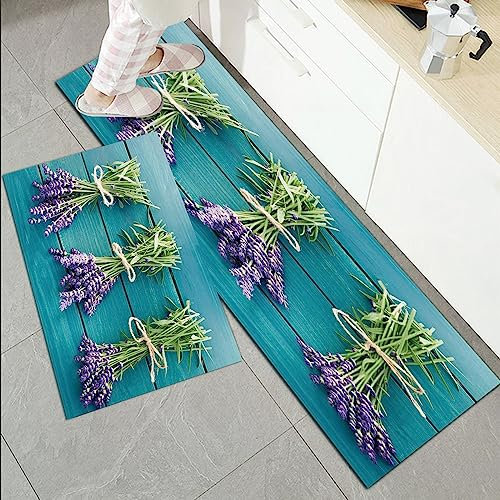 Küchenläufer Küchenmatte 2 Stück 45x70cm+45x120cm,Lavendel, frische Lavendelbouquets auf blauen Holzbohlen Rustikales Re,Rutschfest Pflegeleicht, Anti-Müdigkeit Küchenteppich Teppich Läufer für Küche