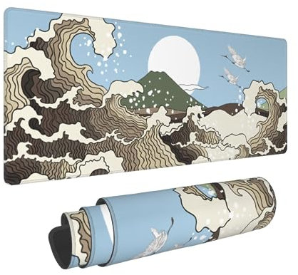 Japanisches Gaming-Mauspad, 80 x 30 cm, XL, cooler Stil, Kunstdruck, großes Mauspad, erweitertes großes Laptop-Tastatur-Mauspad, rutschfeste Gummiunterseite mit genähten Kanten, für Home Office