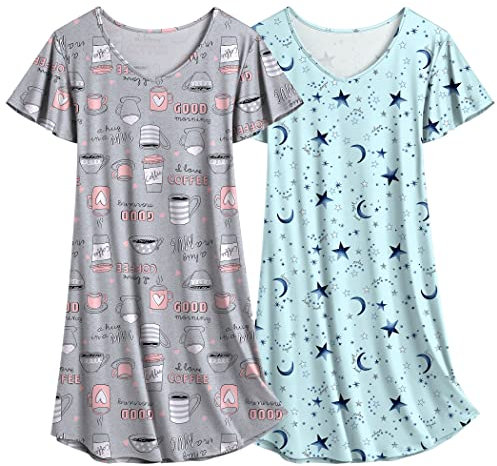 Ekouaer Camisón de Mujer de Manga Corta, Paquete de 2 Piezas, Lindos Camisones de Verano Estampados, L Estrella + café