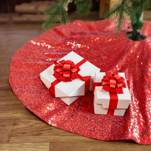 Y-KINZ Gonna per Albero di Natale con Paillettes - Grande Tappeto Decorativo per Ringraziamento e Natale (Rosso, 120cm)