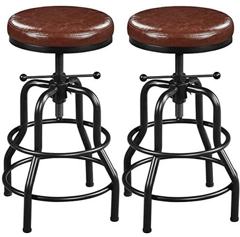 Yaheetech Lot de 2 Tabouret de Bar Industriel en Similicuir Tabouret Haut Rond Réglable en Hauteur avec Deux Repose-Pieds Chaise de Cuisine Cadre en Métal pour Cuisine Restaurant Bistrot Marron