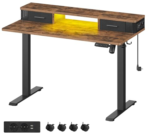 VASAGLE Höhenverstellbarer Schreibtisch elektrisch, 120 x 60 x (72-120) cm, stufenlos verstellbar, mit Monitorständer, Steckdosenleiste, Haken, Memory-Funktion, vintagebraun LSD182X01