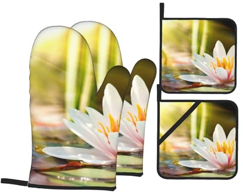 Lotus Blossom Ofenhandschuhe und Topflappen-Set, wasserdicht, hitzebeständig, Küchenhandschuhe zum Kochen, Backen und Grillen, 4 Stück