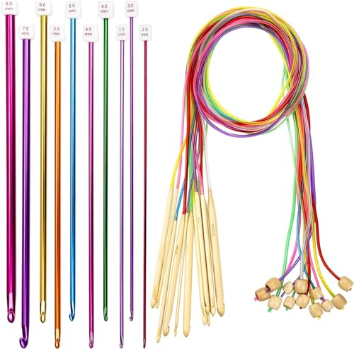 23pcs Tunesische Häkelnadel Set Enthalten 11pcs 2-8mm Tunesische Häkelnadeln aus Aluminium und 12pcs Tunesische Häkelnadel mit Seil Tunesische Afghanische Häkelhaken für Anfänger