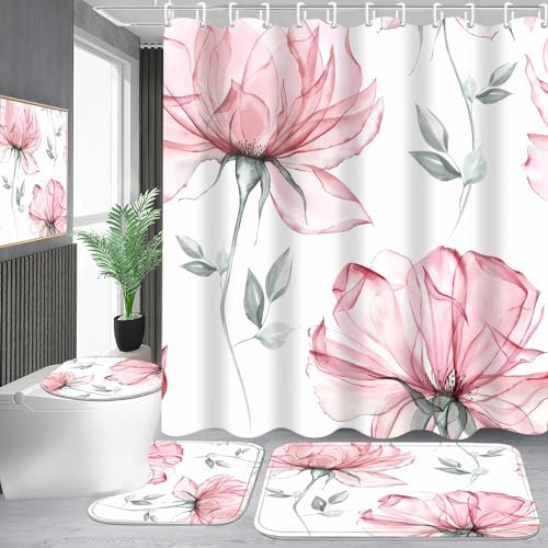 Pretyw 4-Piece Pink Flowers Shower Curtain Set Floral Leaves Bathroom Set with Shower Curtain and Rugs, Pink White Minimalist Bath Curtain with Hooks for Modern Home Decor