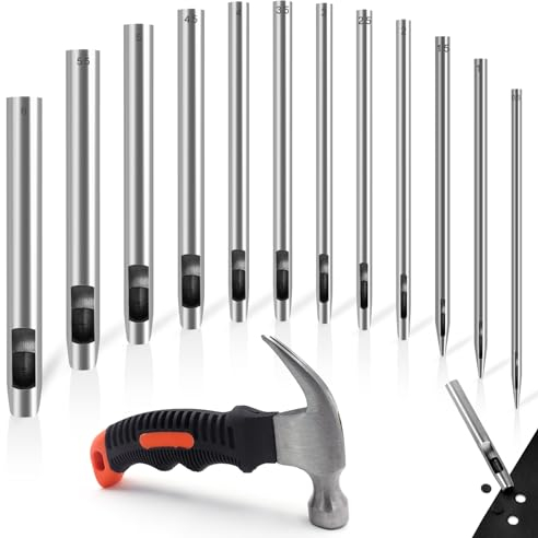 GZLFH Lot de 12 emporte-pièces ronds en acier - 0,5 à 6 mm - Avec 1 mini marteau - Outil de poinçonnage pour cuir, bracelet de montre, tissu, toile
