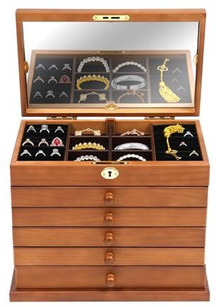 Mudshape Caja de almacenamiento de madera para joyas de 6 niveles, con cerradura y espejo, con 6 cajones, caja de almacenamiento de joyas de madera