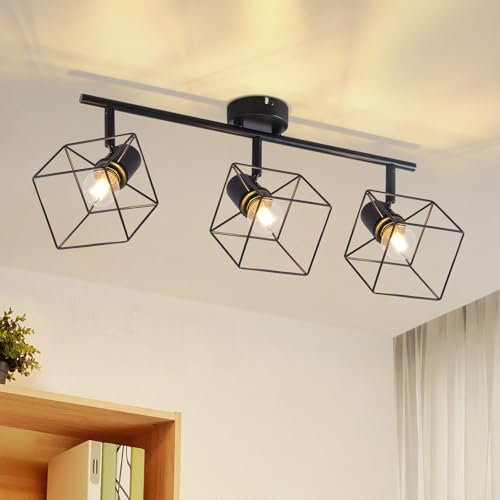 Homefire Deckenstrahler Deckenlampe 3 Flammig Schwarz - E14 Deckenleuchte 350° Schwenkbar Vintage Lampe Metall Deckenspots Schlafzimmerlampe für Wohnzimmer Flur Küche - Ohne Leuchtmittel