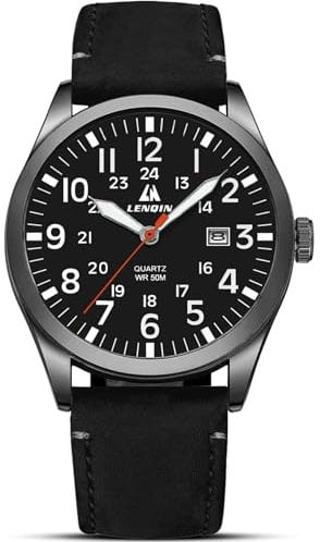 LN LENQIN Uhren Herren Militär Uhr 30M wasserdichte Armbanduhr Herren Analog Quarz Uhren für Männer mit Datum Feld Uhr Taktische Uhr Leder Band