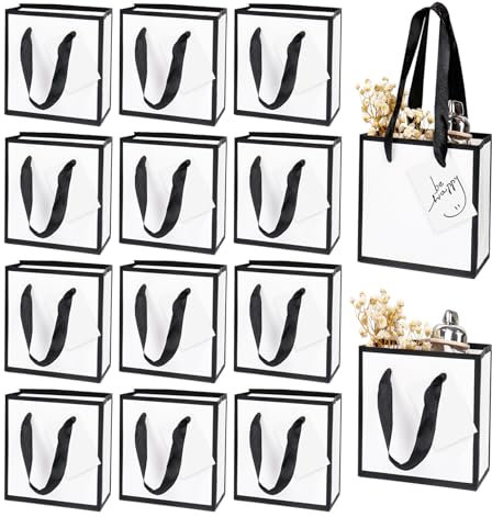 12 Pack 12× 10× 7 cm Mini Geschenktüten mit Henkel kleine weiß Partytüten, Dankeschön-Geschenktüten für Geburtstags Hochzeits Party