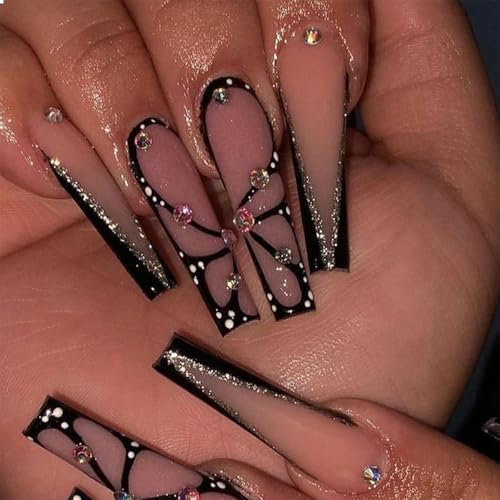 GlamRays Lange Sarg Schwarz Glänzend Vollumfängliche Akrylnägel Extra Lange Quadratische Rhinestone Falsche Nägel Mit Schmetterlings-Design Künstliche Ballerin Falsche Nägel