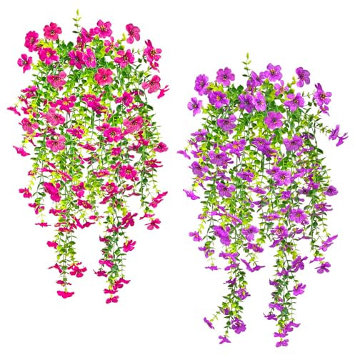 4 flores artificiales colgantes de petunia (lila y rojo rosa), plantas artificiales colgantes de eucalipto como real, 75 cm, flores artificiales para exteriores, resistentes a la intemperie, flores de