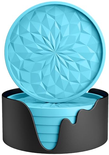 STLIAN Lot de 6 dessous de verre en silicone avec support, sous-verres pour boissons chaudes ou froides, épais, antidérapant, antidérapant, plateau profond bleu ciel