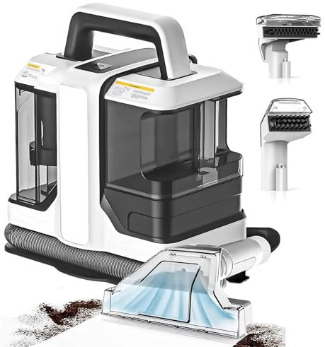 Portable Carpet Cleaner with Powerful Suction and Steam Technology for Pet Stains, Car Interiors, Upholstery, Rugs, Mattresses, Includes 2 Brushes and Built-in Water Tank