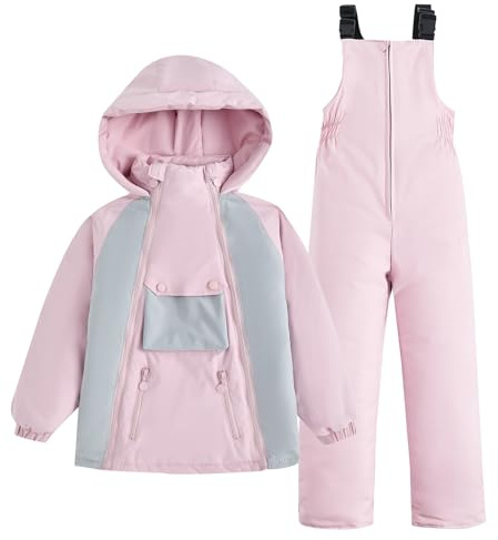 JiAmy Zweiteiliger Schneeanzug für Kinder, Skianzug mit Kapuze mit Praktische Taschen Winddicht Warme Skijacke + Skihose für 3-14 Jahre