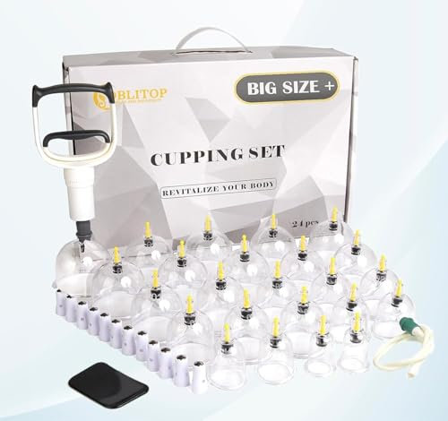 OBLITOP Lot de 24 ventouses en verre avec pompe à vide - Taille V2.0 - Pour homme et femme - Gobelet sous vide pour muscles du corps, maux de dos, massage, cellulite, ventouse