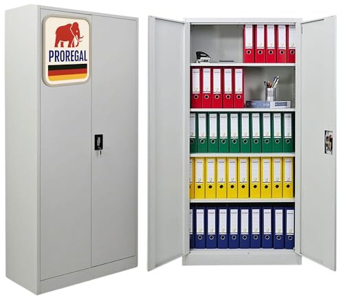 PROREGAL Flügeltürenschrank Elephant Metall Aktenschrank abschließbar 2 Türen 180x80x40cm Stahl 4 Ebenen Stahlschrank Pulverbeschichtung Lichtgrau Werkstattschrank Mehrzweckschrank Büroschrank