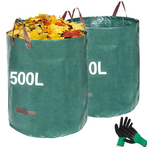 2 Pack 500L Heavy Duty Garden Waste Bags, Large Garden Bag with Handles | Reusable Builders Bags Refuse Rubbish Bag, Waterproof Garden Green Waste Sack for Collecting Plant Waste Grass and Leaves