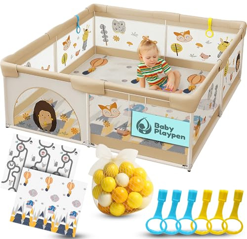 Laufstall für Babys, 150 x 180 cm, Babymatte, 60 Bälle, Griffe, Tragetaschen, Laufstall mit atmungsaktivem Netz, Laufstall für Babys