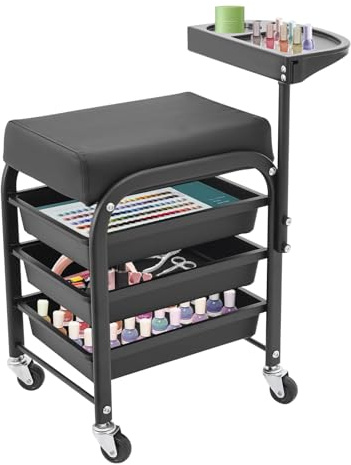 Chariot de pédicure, chariot de beauté avec repose-pieds et 3 tiroirs, chariot mobile, repose-pieds, capacité de charge de 100 kg, pour salon de manucure, spa à domicile, 38 x 32 x 65 cm, noir