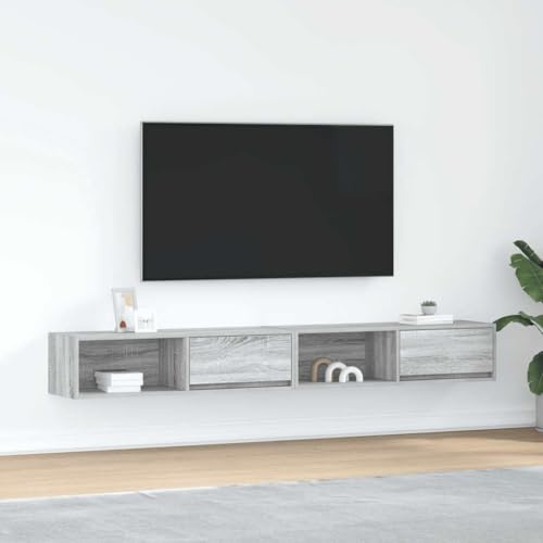 GeenYuu Set of 2 TV Cabinets, Grey Sonoma, 100 x 31 x 25.5 cm, Wood Composite, Wall Mounted, Storage Space for Living Room, Media Console, Durable TV Furniture