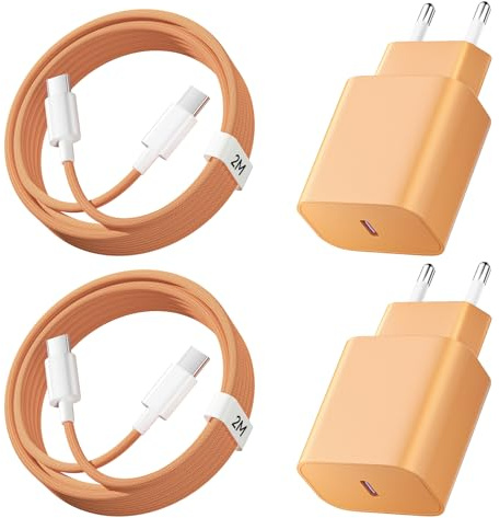 20W Cargador Carga Rapida para iPhone 17/16/15, PD3.0 USB C Enchufe 2Pack | 20W Cargador USB C Carga Rapida con 2M Cable Tipo C, Cargador para iPhone 17/16/15/Air/Pro/Plus/Pro Max - Naranja+Naranja