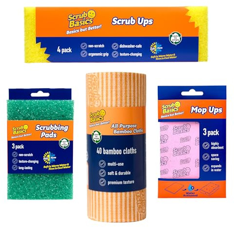 Scrub Daddy Scrub Basics 4 Piece Bundle | Sponges, Scouring Pads, Absorbent Mop Ups Cloths & All Purpose Bamboo Roll (40 Sheets), Non-Abrasive for Kitchen
