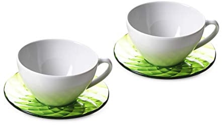 Omada Design Set 2 Tazze da Colazione in Porcellana da 35 cl, con Piattini Colorati in acrilico, Eleganti, Made in Italy Linea Diamond, Verde