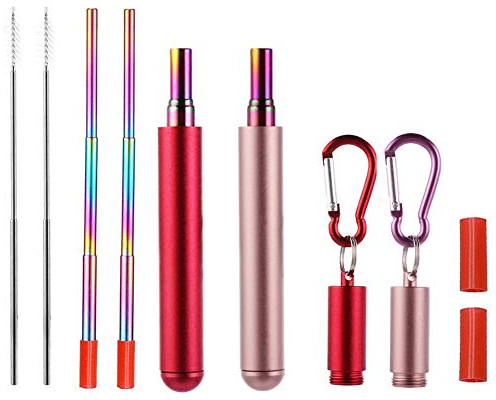 RZJZGZ 2 Pack Telescopic Reusable Straw, Collapsible Stainless Steel Straws, Portable Metal Drinking Straws with Aluminum Key-Ring Case & Cleaning Brush for Travel, Home, Work (Red and Rose Gold)