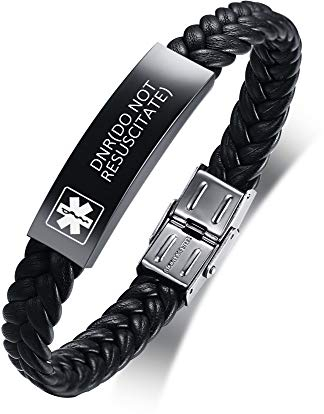 XUANPAI Custom Edelstahl Leder Geflochten Wrap Armband Medical Alert Notfall ID Armband für Männer mit DNR(DO NOT RESUSCITATE) Eingraviert