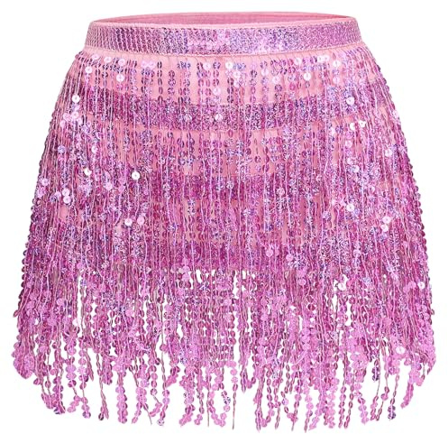 Faldas de Lentejuelas con borlas para Mujer, Bufanda de Cadera con Flecos para Festivales, Rosado, Large