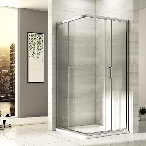 EMKE Eckeinstieg Duschkabine 90 x 90 cm Duschabtrennung Falttüren Doppel Schiebetür Duschtür Mit Nano-Beschichtung Duschkabinen 195cm Duschwand für Dusche