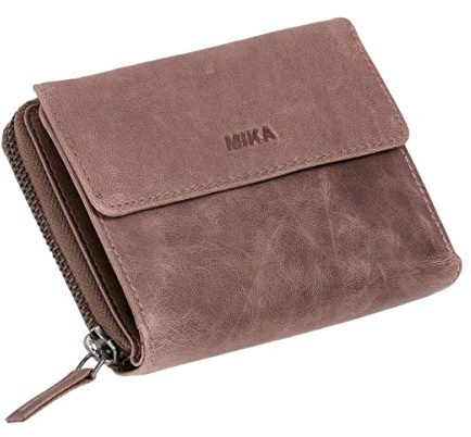 MIKA 42170 - Damengeldbörse aus Echt Leder, Portemonnaie im Hochformat, Geldbeutel mit 9 Kartenfächer, 5 Einsteckfächer, Scheinfach und 2 Münzfächer, Brieftasche in grau braun, ca. 13 x 10 x 2,5 cm
