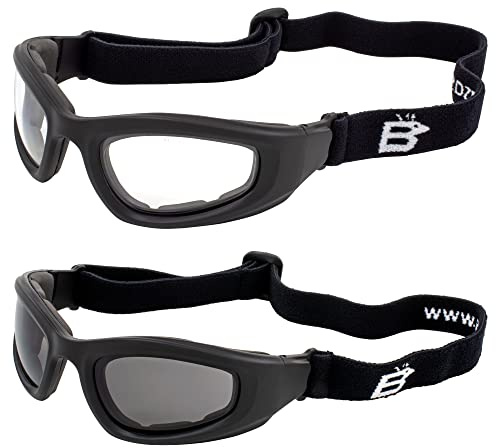 Birdz Eyewear Soar Gepolsterte Motorradbrille, 2 Paar, schwarzer Rahmen mit klaren und rauchfarbenen Gläsern