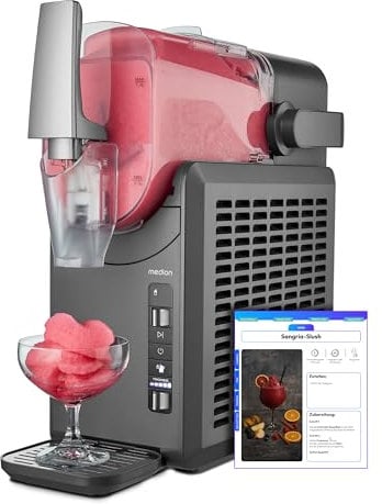 MEDION Slush Maschine (2,6 Liter Slush-Eis Kapazität, 1,9 Liter Fassungsvermögen, Slush Ice Maker für Getränke, 5 Getränkemodi, 30-60 Minuten Zubereitungszeit, Kompressor, Slush Eis Maschine, MD12090)