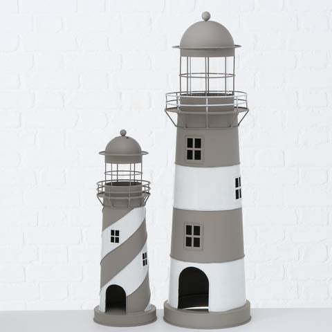 Laterne Leuchtturm Windlicht grau weiß Eisen H 48+75 cm 2er Set