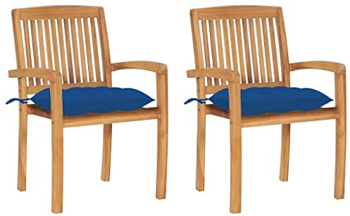 vidaXL 2X Teak Massiv Gartenstuhl mit Blauen Kissen Stapelbar Stapelstuhl Holzstuhl Gartensessel Stapelsessel Gartenmöbel Stuhl Terrassenstuhl