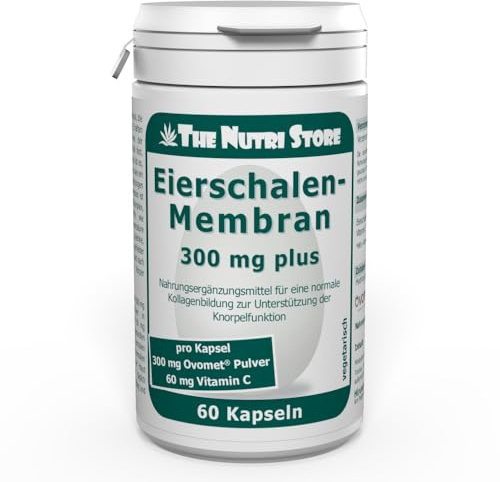Eierschalenmembran 300 mg plus Kapseln 60 Stk. - 1 Monatsvorrat - mit Vitamin C für Knochen, Knorpel und Haut - The Nutri Store - Made in Germany